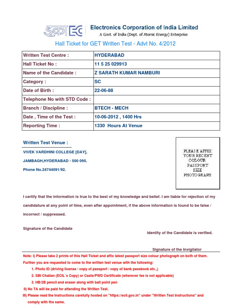 Hall Ticket For GET Written Test - Advt No. 4/2012 | PDF | Career ...