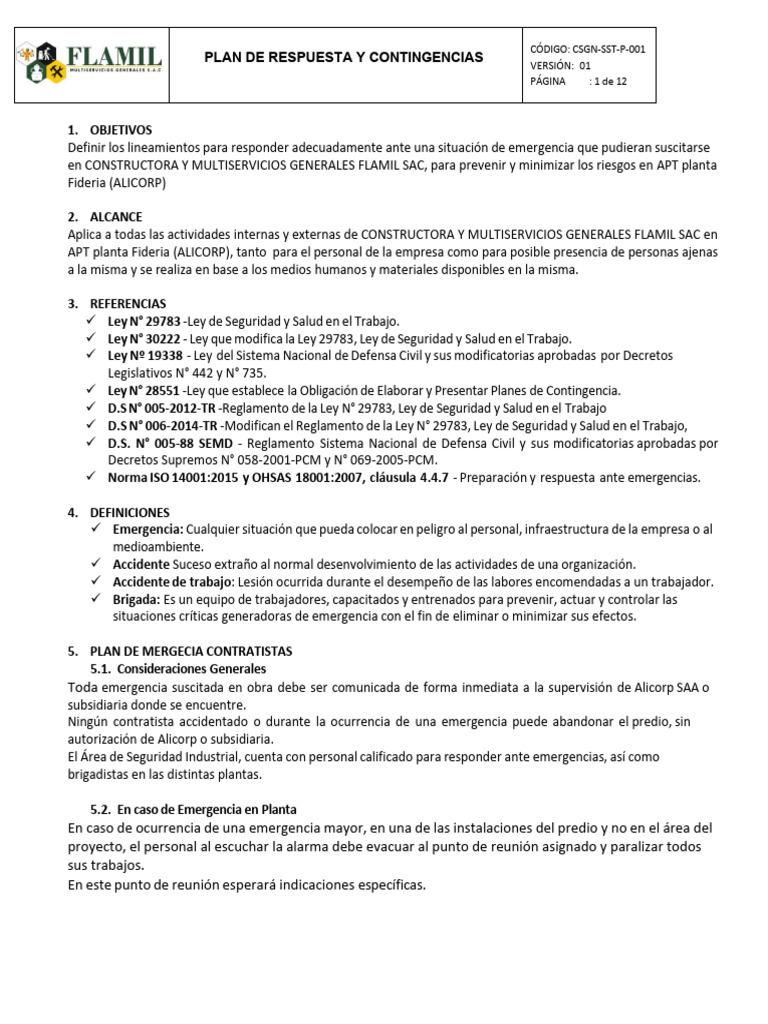 Plan de Emergencia y Contingencias Flamil | PDF | Corrosión | Emergencia
