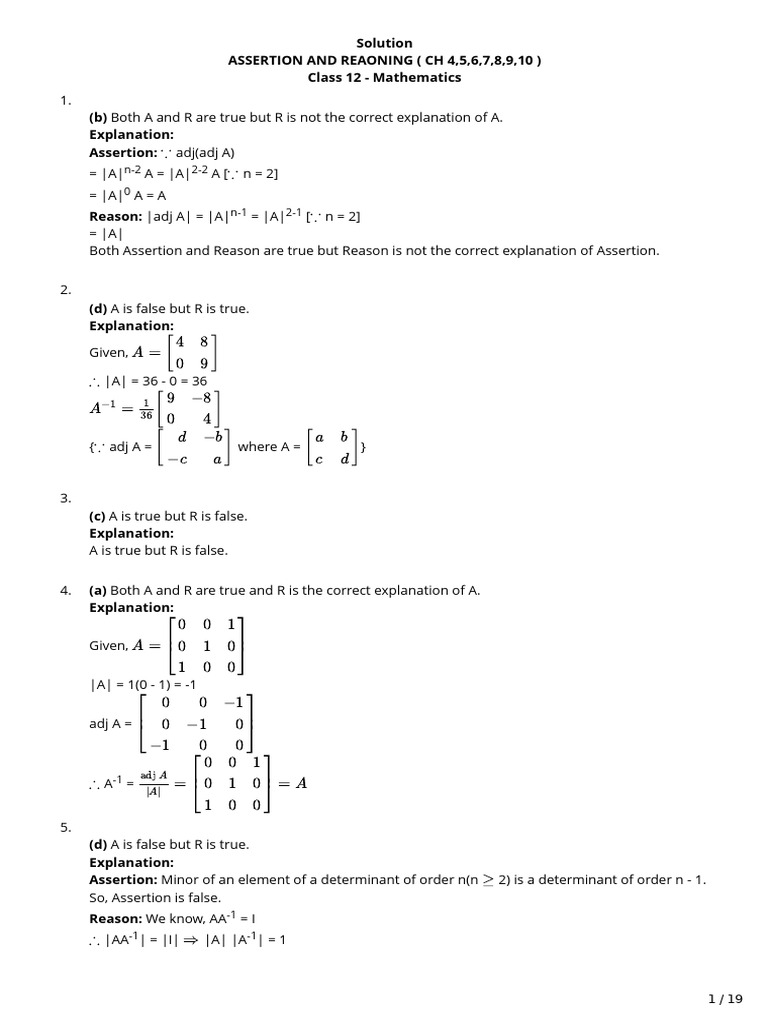 Assertion and Reasoning Solutions (CH 4,5,6,7,8,9,10) | PDF ...
