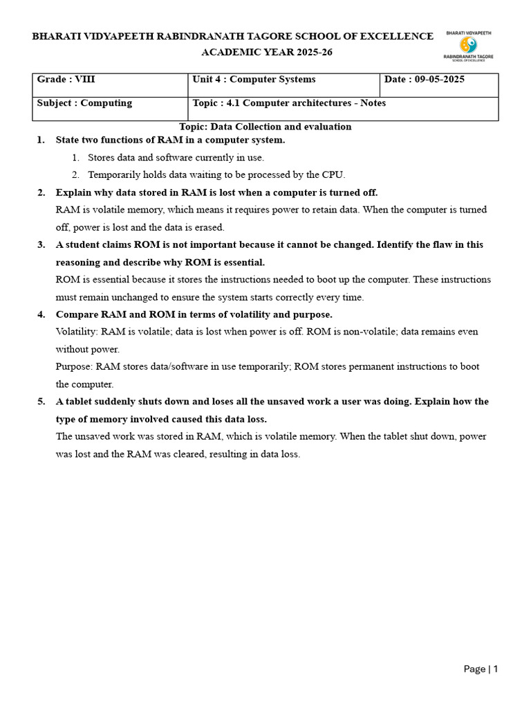 Computer Architecture Notes for Grade VIII | PDF