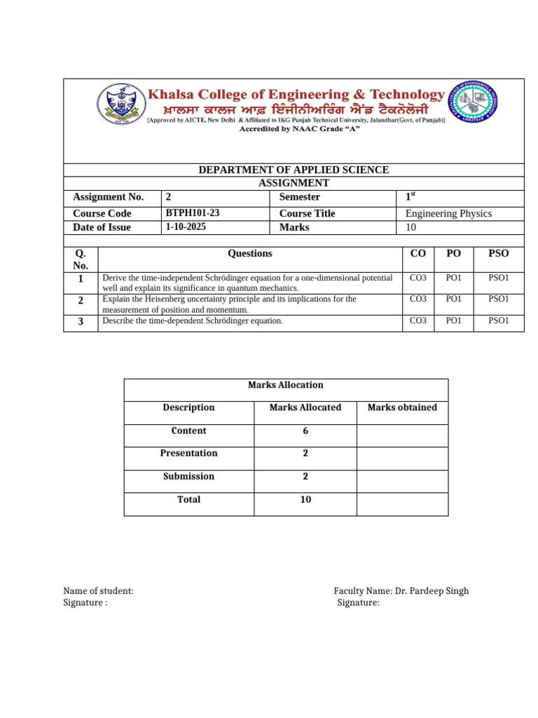 Engineering Physics Assignment on Quantum Mechanics | PDF