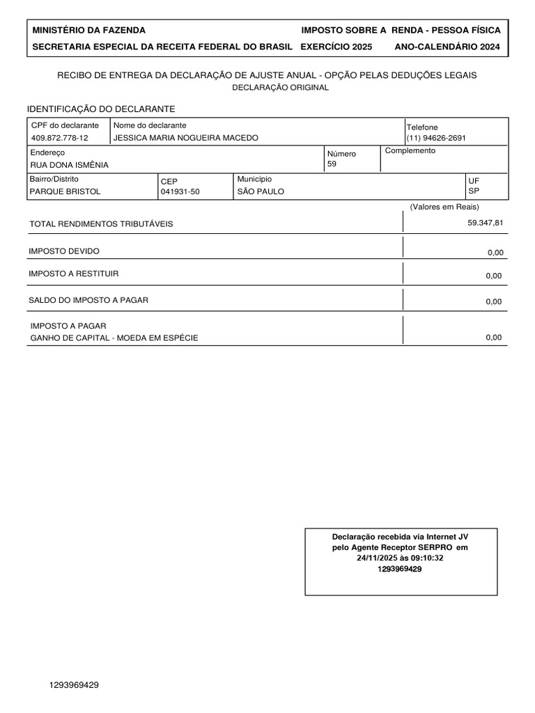 Recibo de Declaração IRPF 2025 | PDF | Imposto de Renda | Impostos