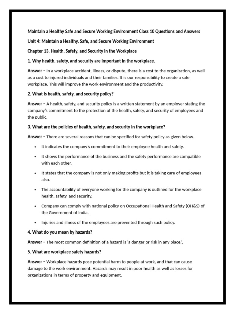 Maintain A Healthy Safe and Secure Working Environment Class 10 ...