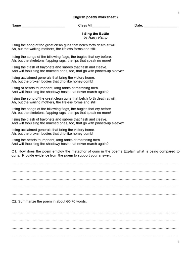 English Poetry Analysis Worksheet | PDF | Writing | Narrative Forms