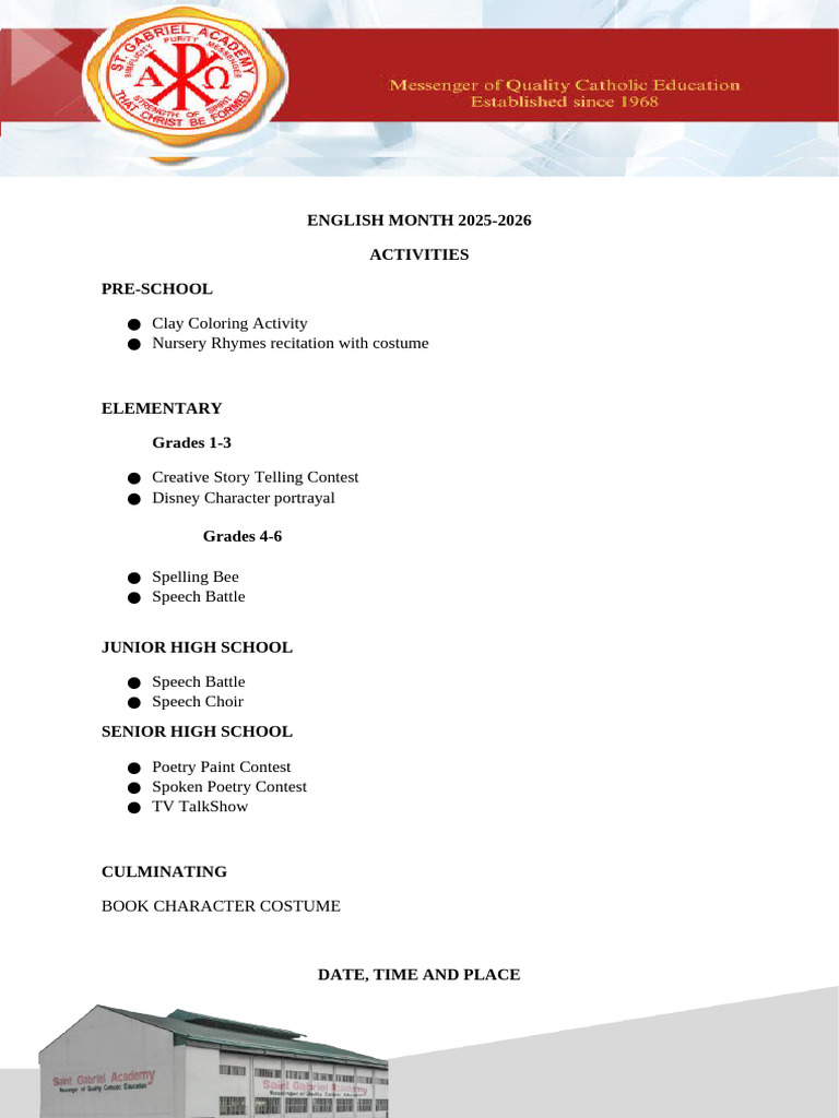 English Month Activities 2025-2026 | PDF | Public Speaking | Human ...