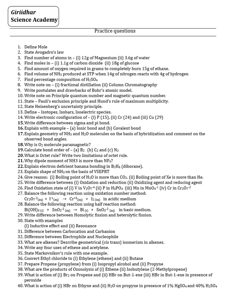 Chemistry Practice Questions and Concepts | PDF | Chemical Bond | Ethylene