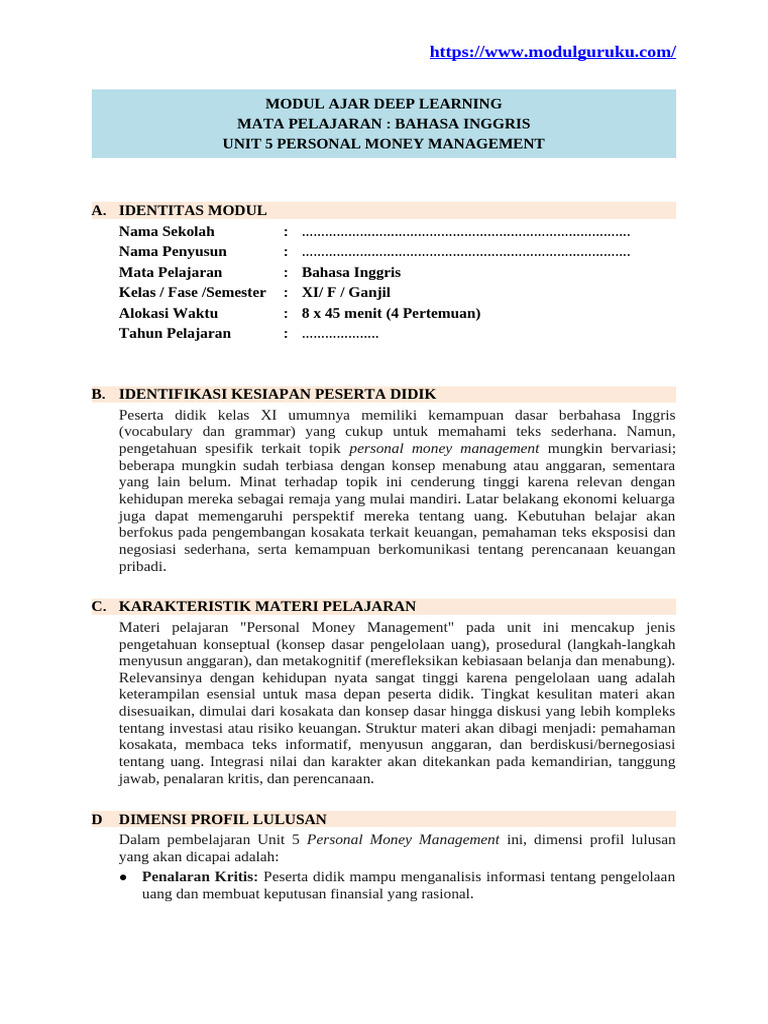 Modul Ajar Manajemen Uang Pribadi | PDF