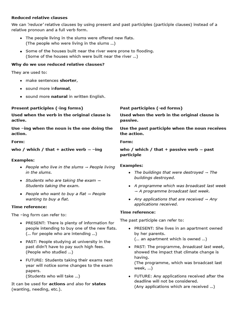 Reducing Relative Clauses Explained | PDF | Verb | Languages