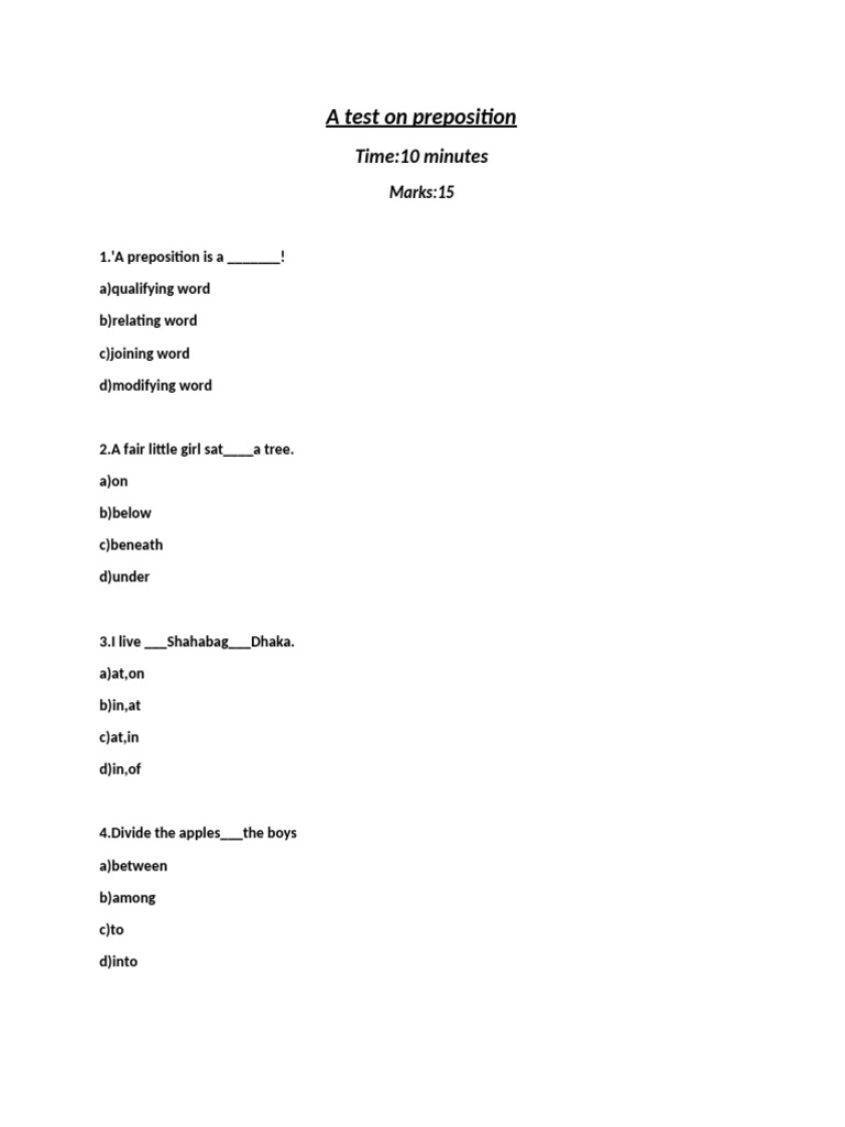 Preposition Test: 15 Questions | PDF