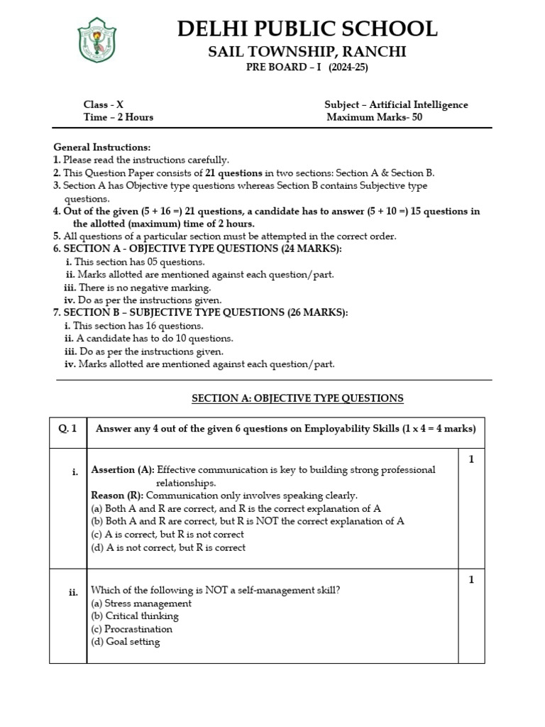 Class X AI Pre Board Exam 2024-25 | PDF | Artificial Intelligence ...