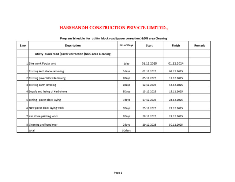 Programme Schedule For Paver Work For Utility Building - Compoundwall ...