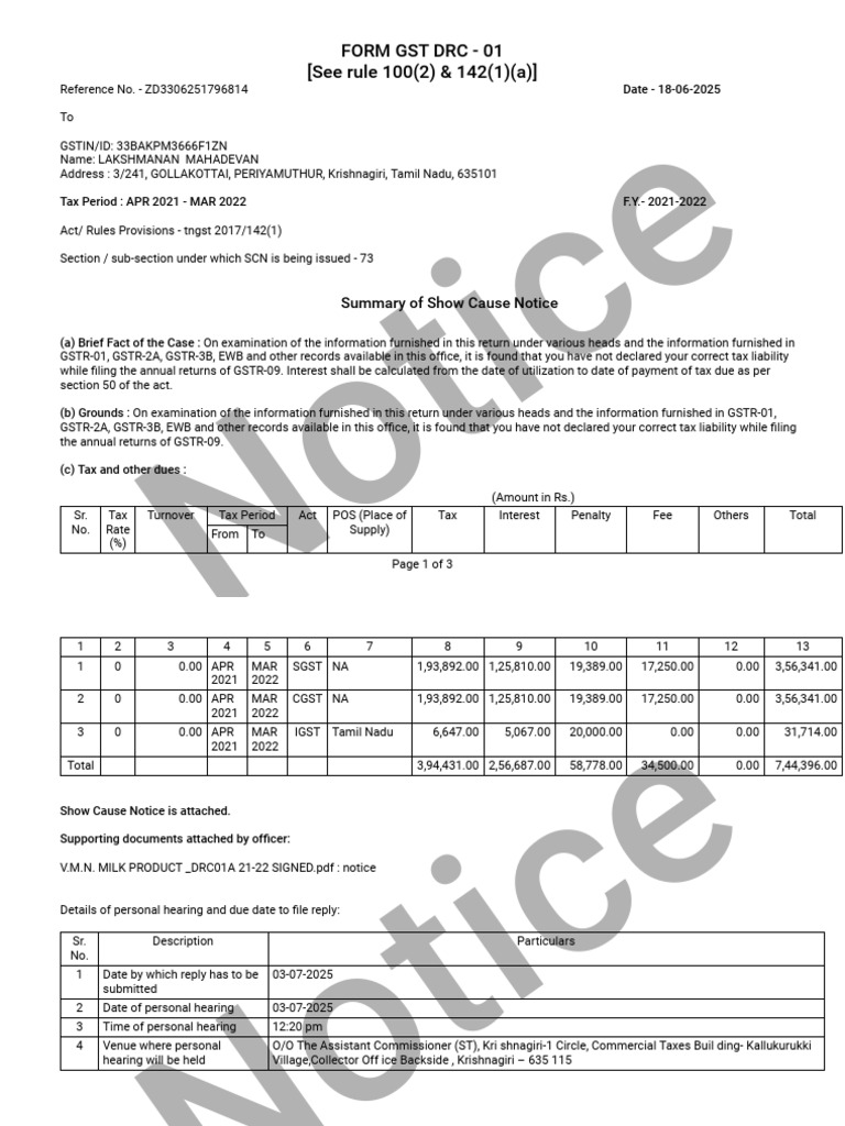 GST Show Cause Notice DRC-01 Summary | PDF | Taxes | Taxation