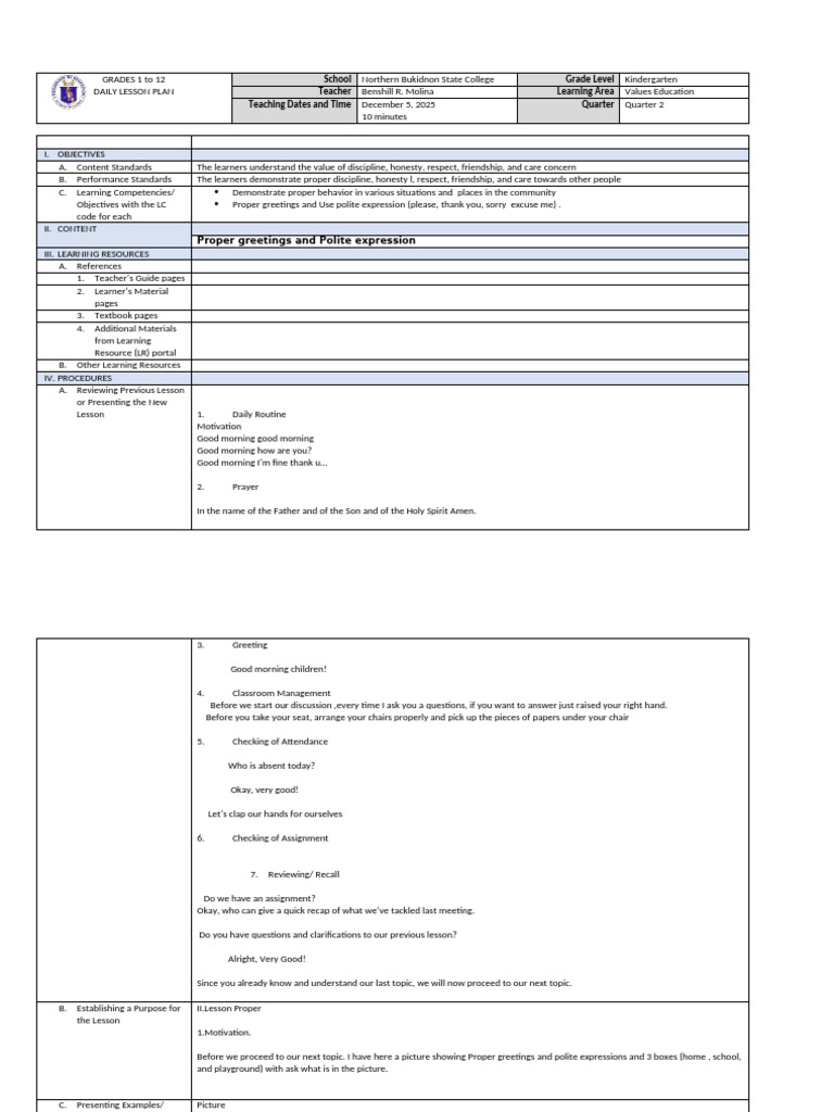 Benshill R Molina Daily Lesson Plan Format DO 42 S 2016 | PDF ...