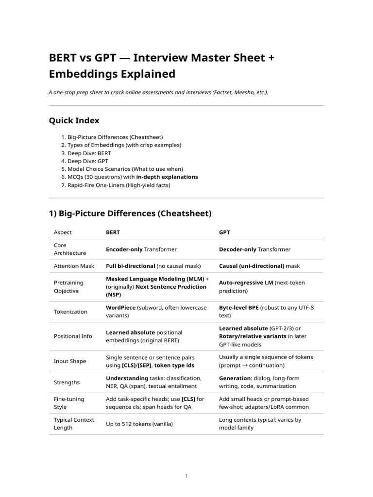 Bert vs Gpt — Interview Master Sheet + Embeddings Explained | PDF ...