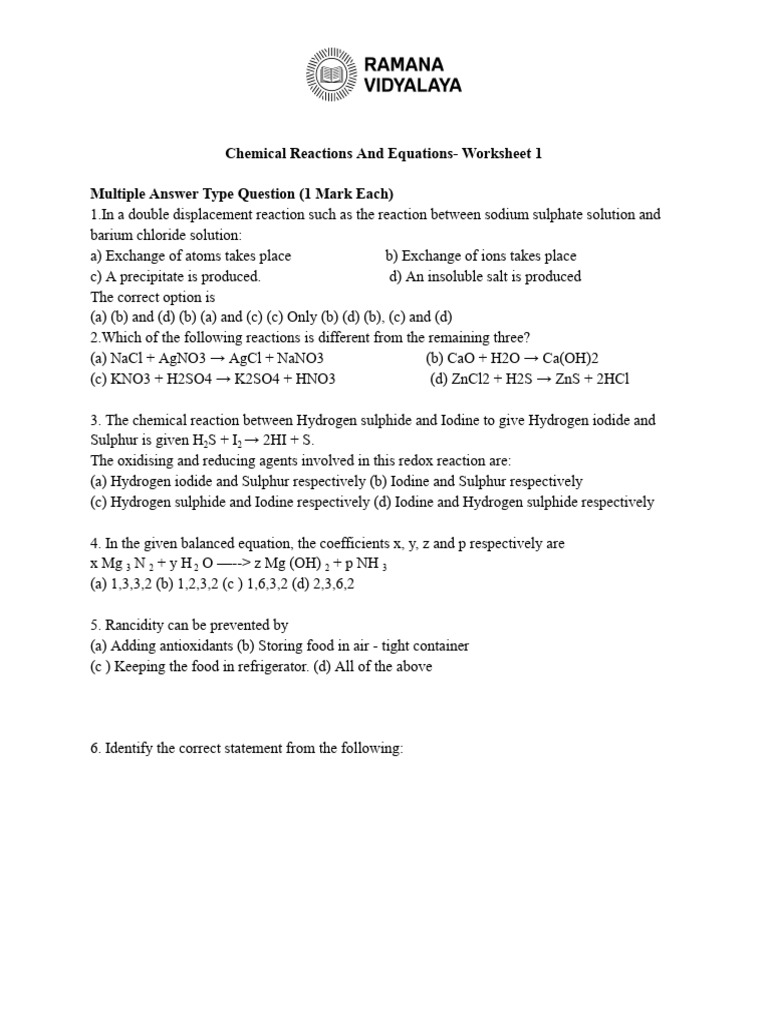 Chemical Reactions Worksheet 1 | PDF | Chemical Reactions | Oxide