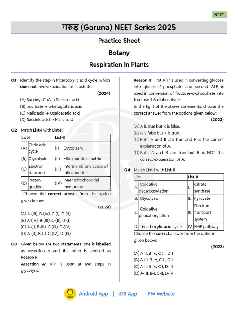 NEET 2025: Biochemistry Practice Questions | PDF | Cellular Respiration ...