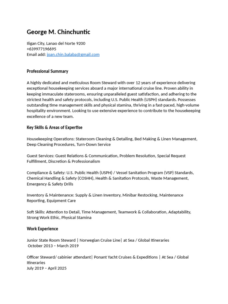 Experienced Room Steward for Cruises | PDF | Housekeeping