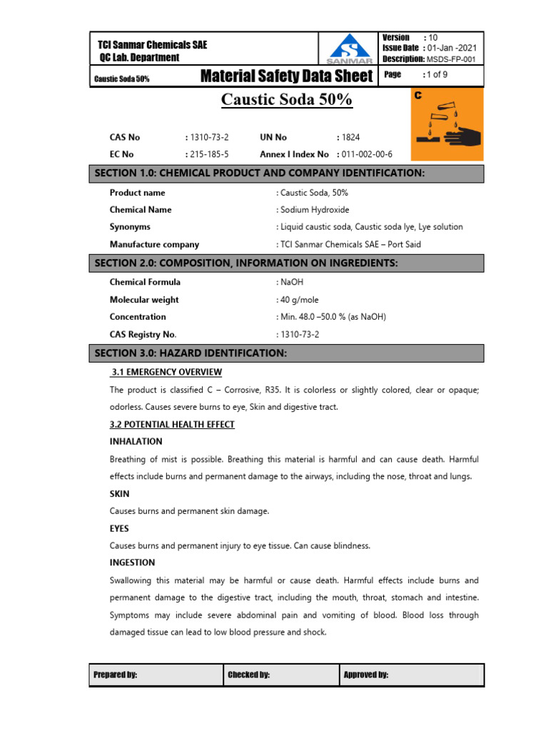 Caustic Soda 50% MSDS Overview | PDF | Sodium Hydroxide | Firefighting