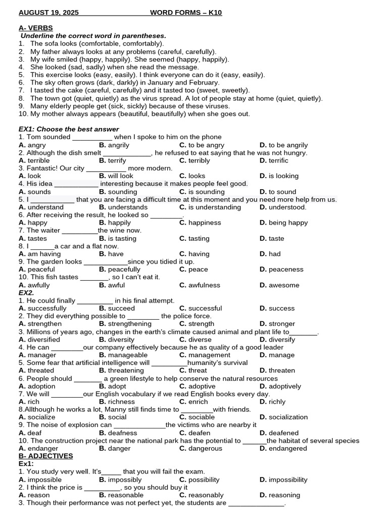 Word Forms and Sentence Completion Exercises | PDF