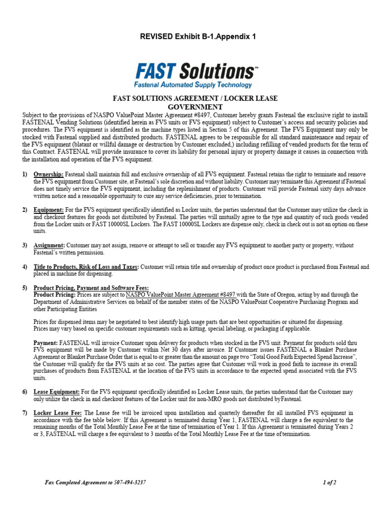 8497 Master Agreement Revised Exhibit B-1.Appendix 1 FAST Solutions ...