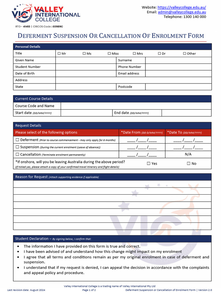 Deferment Suspension or Cancellation of Enrolment Form.v2.0 | PDF