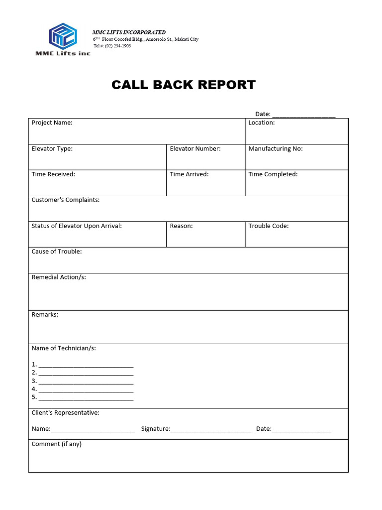 Elevator Call Back Report Template | PDF