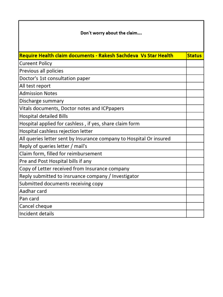Health Claim Document Checklist | PDF