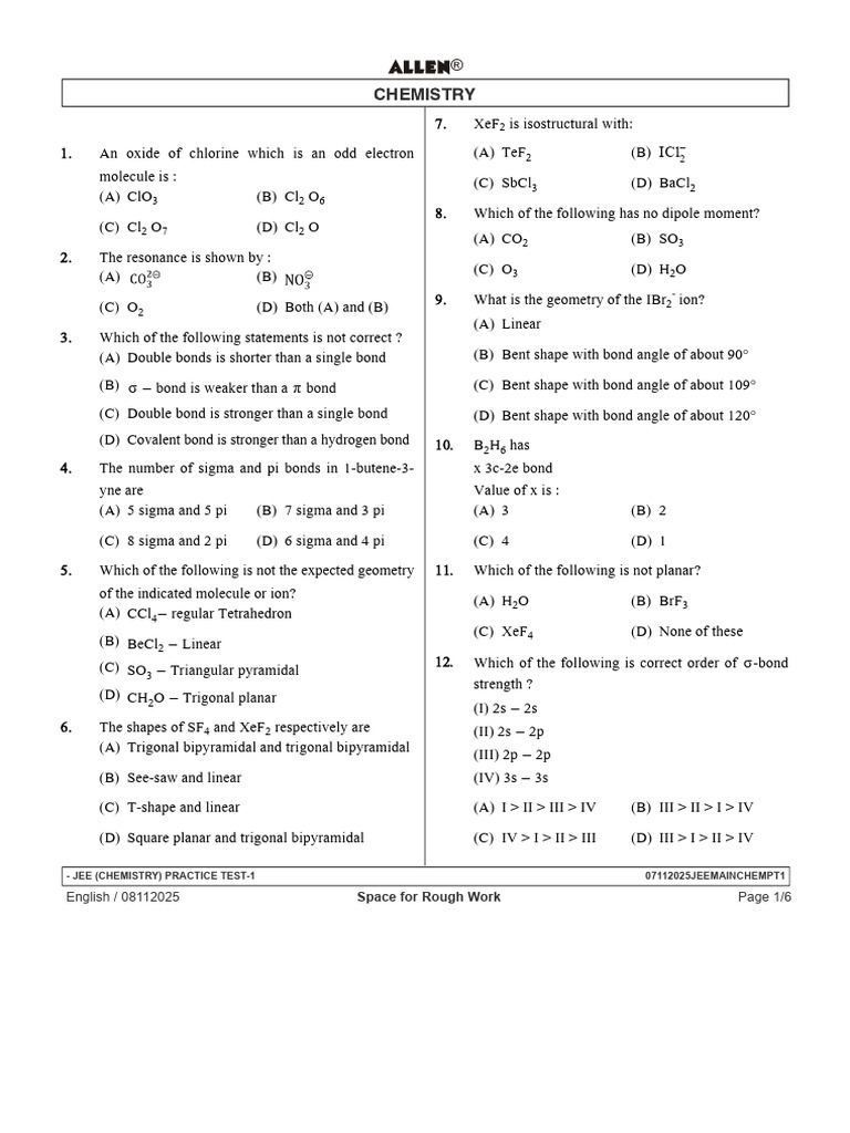 JEE Chemistry Practice Test 1 Questions | PDF