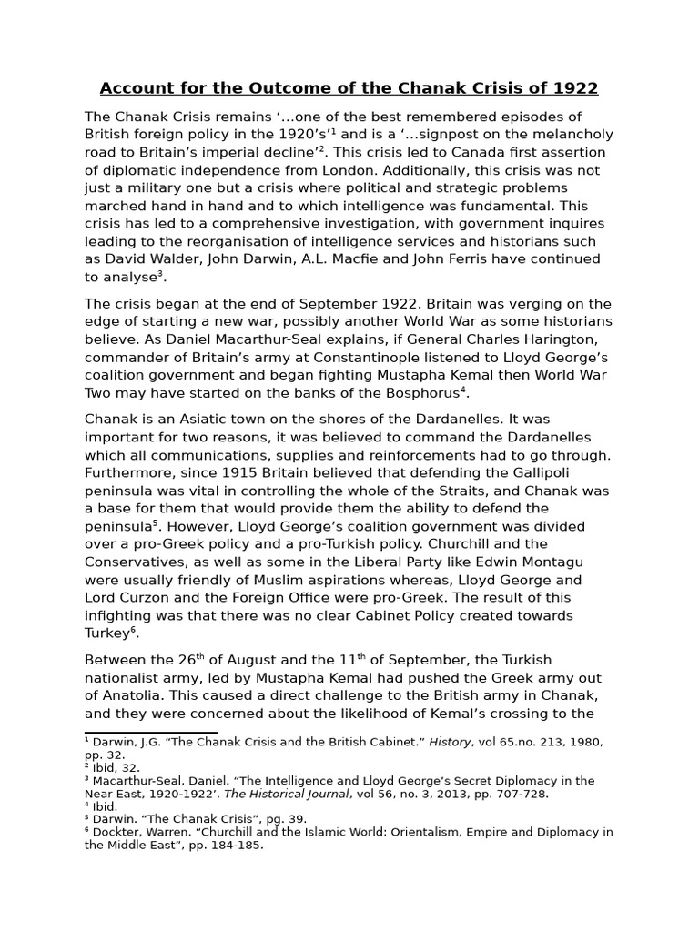 ESSAY Account for the Outcome of the Chanak Crisis of 1922 | PDF ...