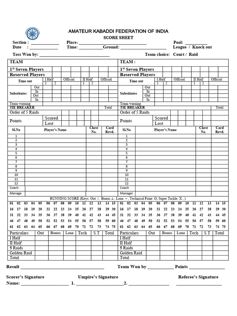 Kabaddi Score Sheet Template | PDF | Sports | American Football