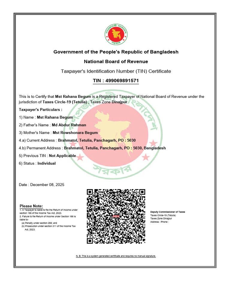TIN Certificate for Mst Rahana Begum | PDF