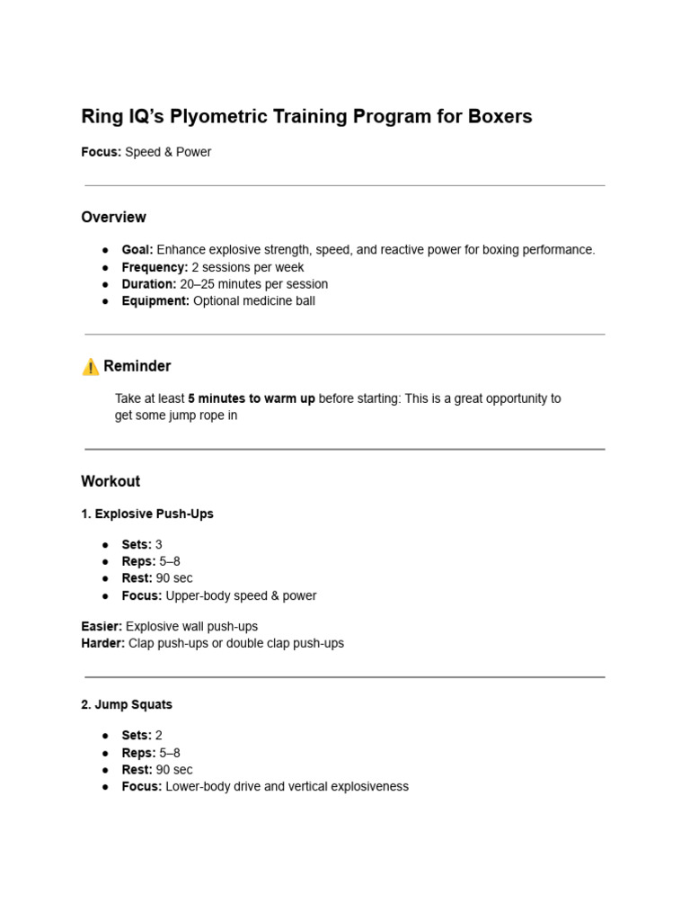 Ring IQ's Plyometric Training Program For Boxers | PDF