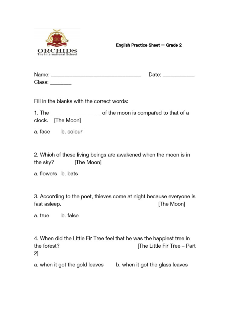 Grade 2 English Practice Worksheet | PDF