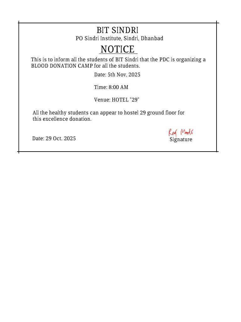 BIT Sindri Blood Donation Camp Notice | PDF