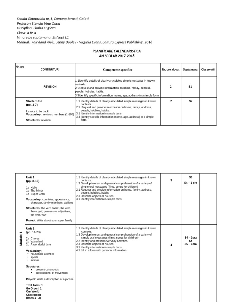 English Curriculum Plan for 4th Grade | PDF | Semantic Units ...