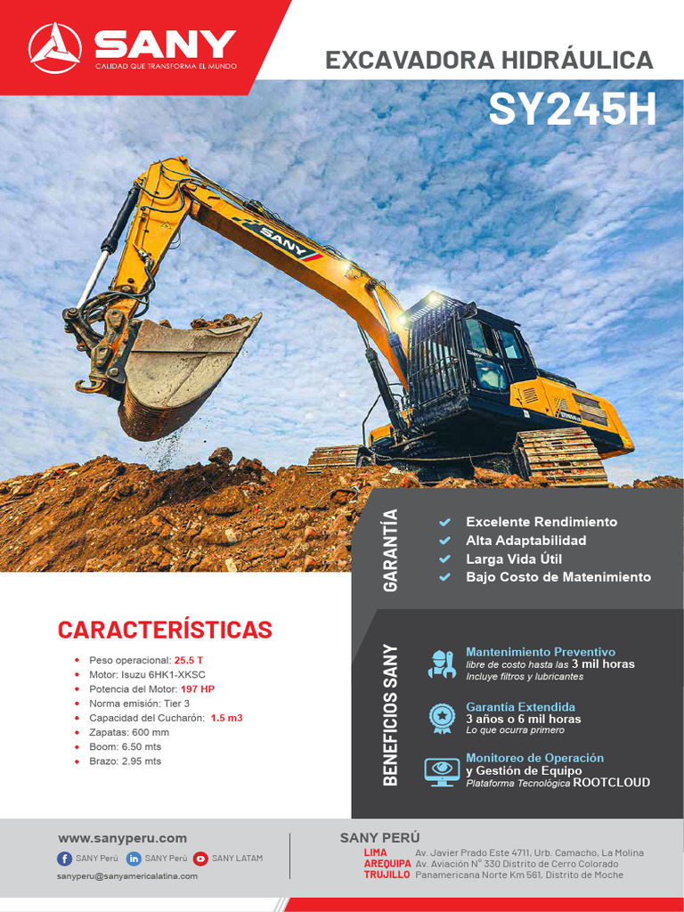 Excavadora Hidráulica SANY SY245H Especificaciones | PDF | Vehículo de ...