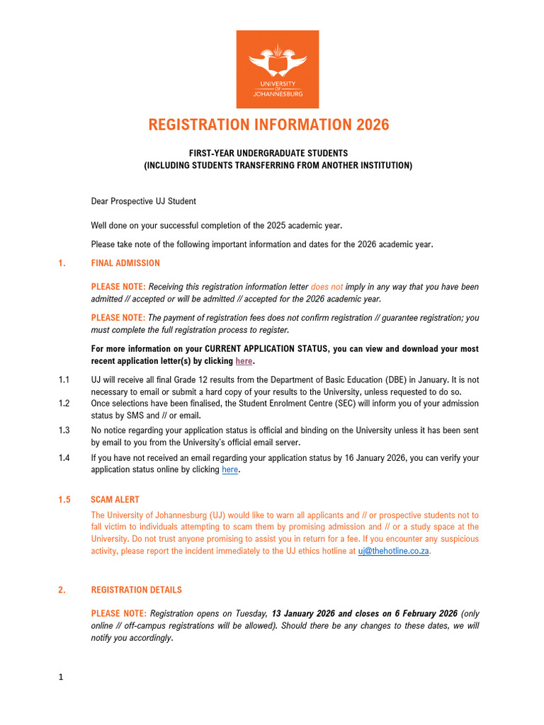 UJ 2026 First-Year Registration Guide | PDF | Travel Visa