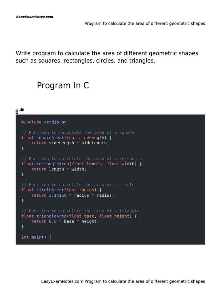 Program To Calculate The Area of Different Geometric Shapes | PDF ...