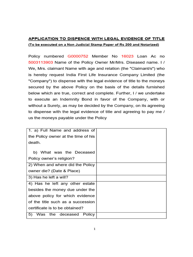 Application for Dispensation of Title Evidence | PDF | Indemnity ...