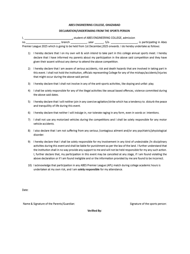 ABES Engineering College Sports Declaration | PDF | Aggression ...