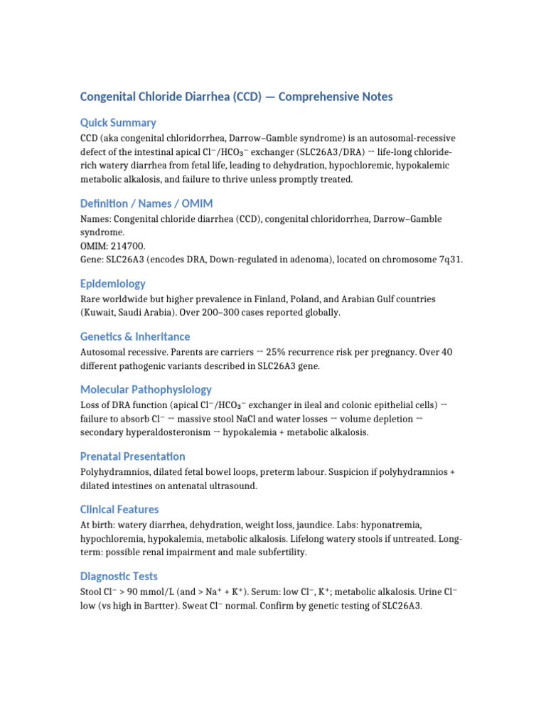 Congenital Chloride Diarrhea Notes by DR Haider | PDF | Diseases And ...