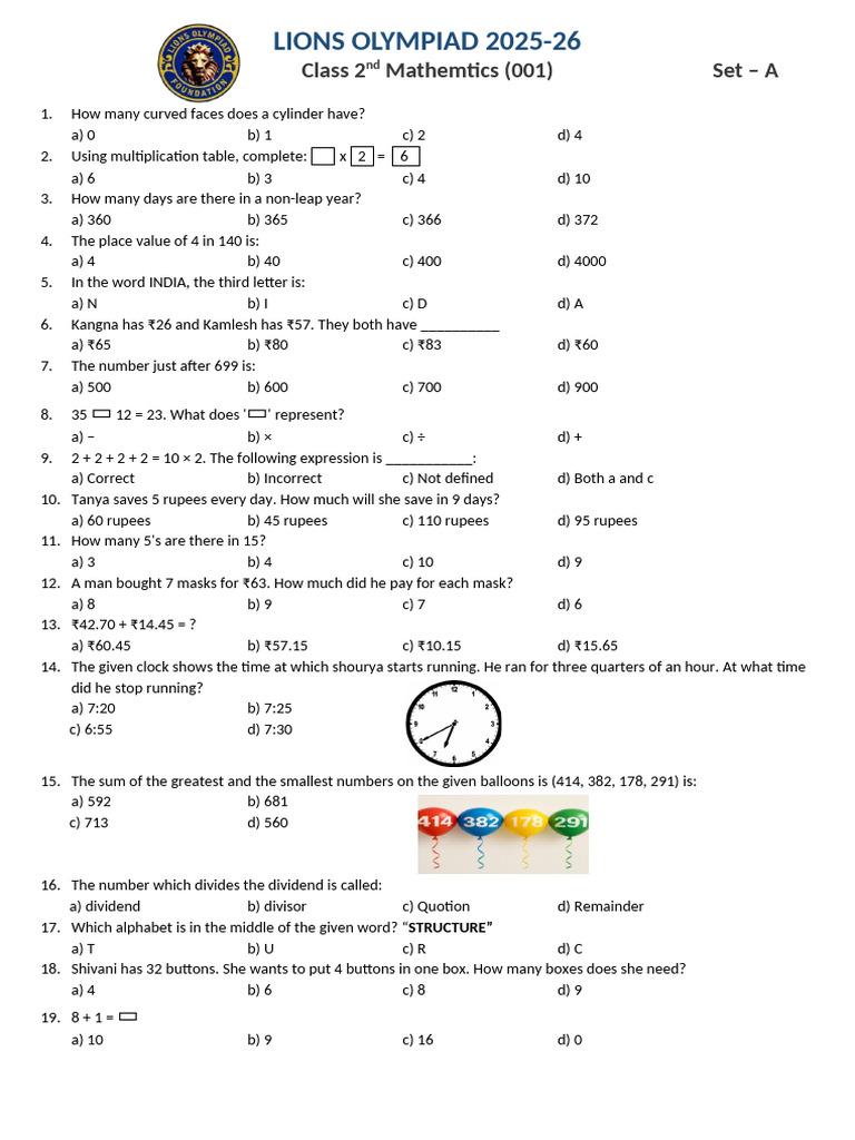 Class 2 Mathematics Olympiad Questions | PDF