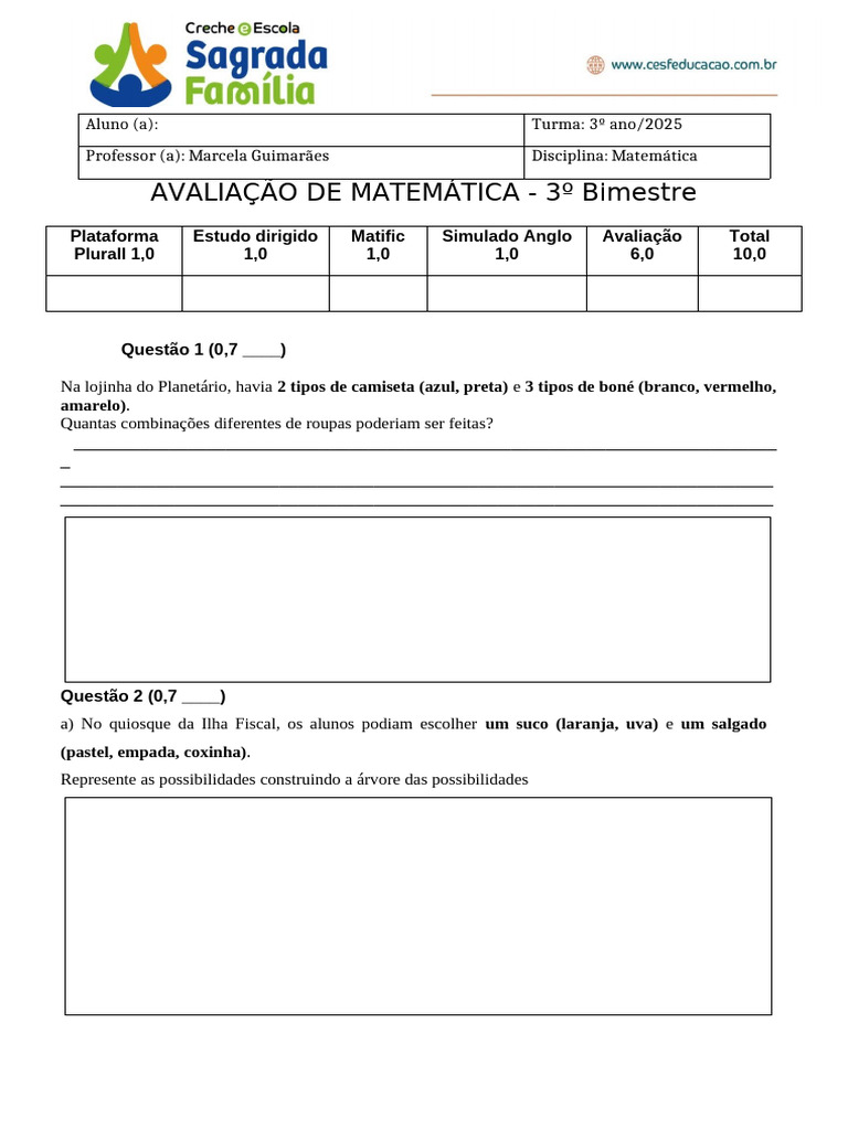 Avaliação Matematica 3 Ano 3 Bimestre | PDF