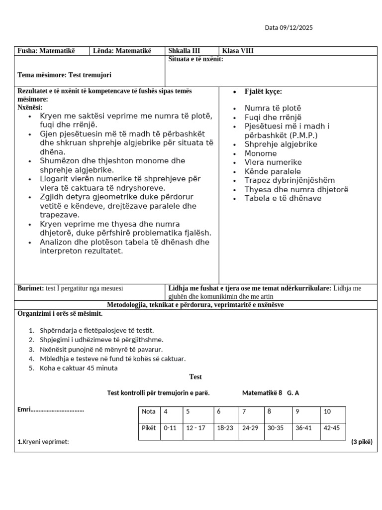 Ditar Per Testin e Tremujorit Mat 8 | PDF