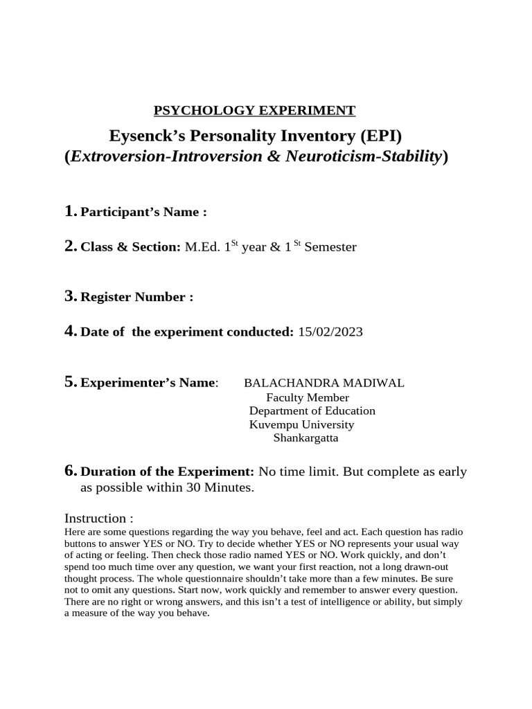 Eysenck's Personality Inventory Guide | PDF | Extraversion And ...