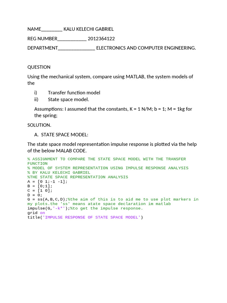 MATLAB Comparison of State Space & Transfer Function | PDF