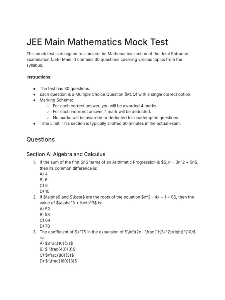 JEE Main Mathematics Mock Test | PDF | Multiple Choice | Mathematics