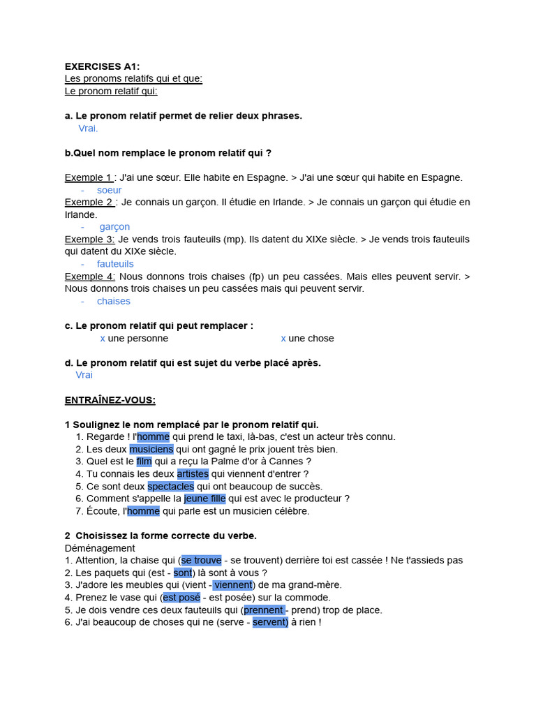 Exercices sur les pronoms relatifs qui et que | PDF | Phrase