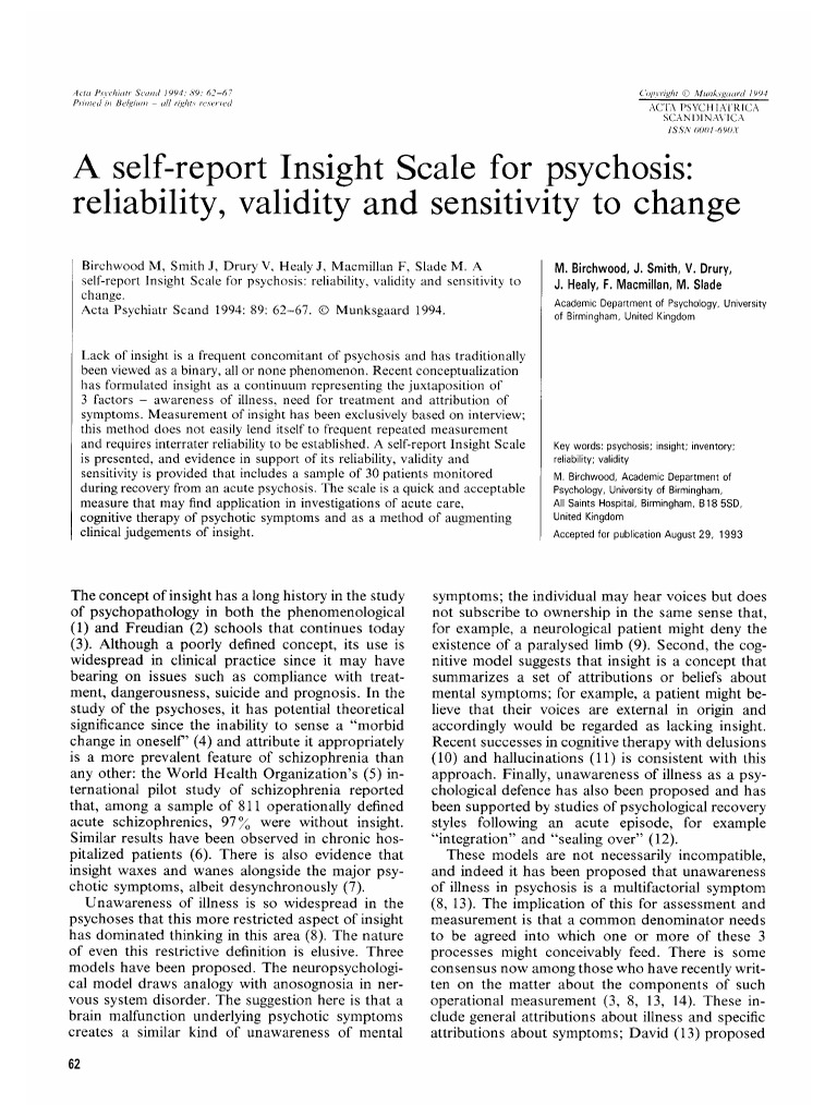 Self-Report Insight Scale for Psychosis | PDF | Psychosis | Schizophrenia