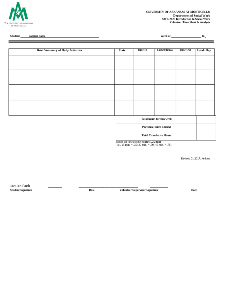 SWK 2123 Revised Volunteer Time Sheet and Analysis | PDF